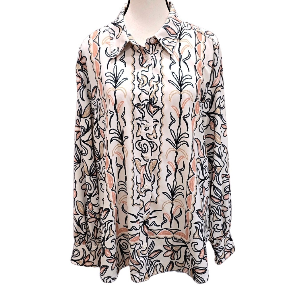 Chico's Faux Silk Floral Button Up Blouse Womens US 16 Size 3 Long Sleeve Top